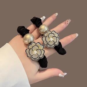 Luxury Boutique Black Scrunchie Hair Tie Pair with Pearl and Flower Accent 2 Pcs